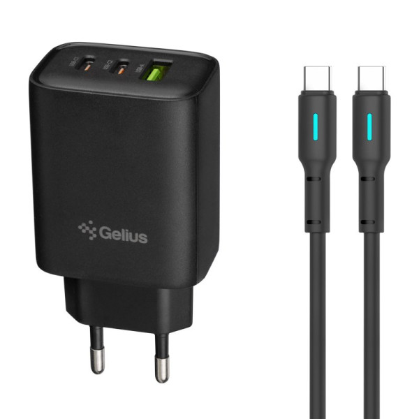 Сетевое зарядное устройство Gelius Power Pulse GP-HC057 65W USB+2Type-C (QC/PD/PPS) + кабель Lumin Lamp Type-C to Type-C Black