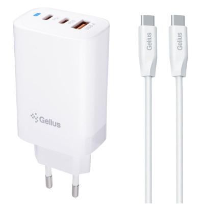 Сетевое зарядное устройство Gelius Elevaro GP-HC065 65W USB+2Type-C (QC/PD/PPS) + кабель Gelius One Type-C to Type-C White