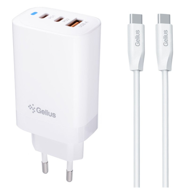Сетевое зарядное устройство Gelius Elevaro GP-HC065 65W USB+2Type-C (QC/PD/PPS) + кабель Gelius One Type-C to Type-C White