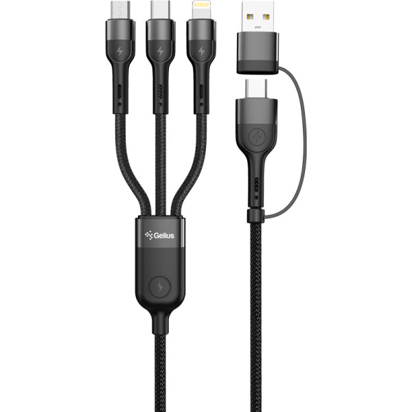Кабель USB Gelius Multimate GP-UCN006 4in1 USB-A/Type-C to Type-C/Lightning/MicroUSB (1,2m) (60W) Black