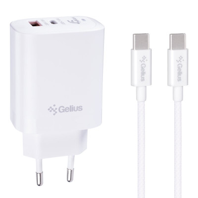 Сетевое зарядное устройство Gelius Stratus GP-HC068 45W (1Type-C+1USB-A) + кабель Gelius iCable GP-UCN010 Type-C to Type-C (1,2m) (60W) White