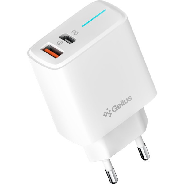 Сетевое зарядное устройство Gelius Radiance GP-HC058 1Type-C + 1USB-A PD/QC3.0/PPS/Super VOOC 25 W + кабель Gelius One Type-C to Type-C White